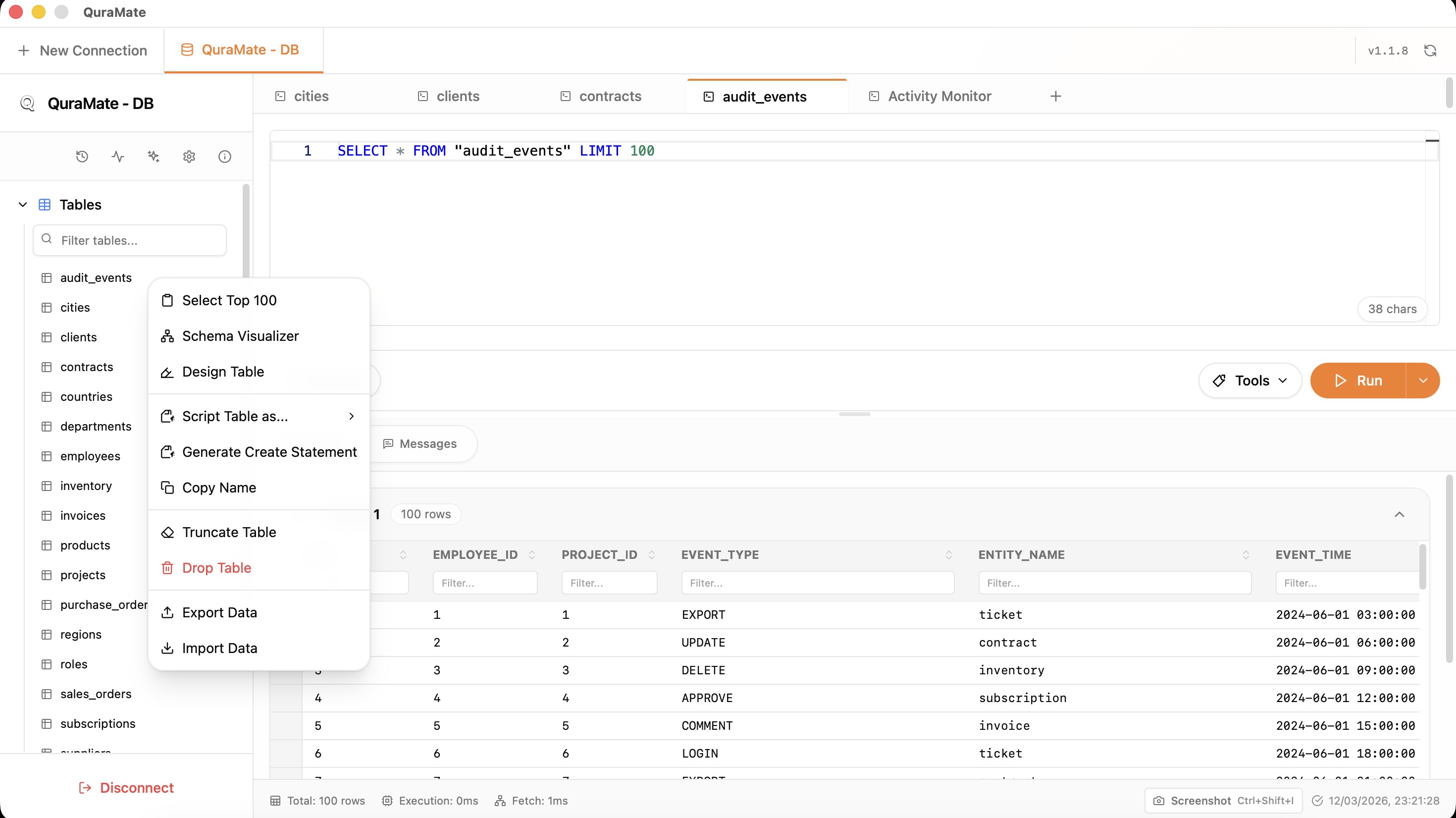Table context menu shortcuts